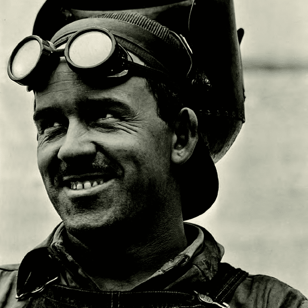 Bank of Labor founded by Union Organization. Historical man with safety gear smiling