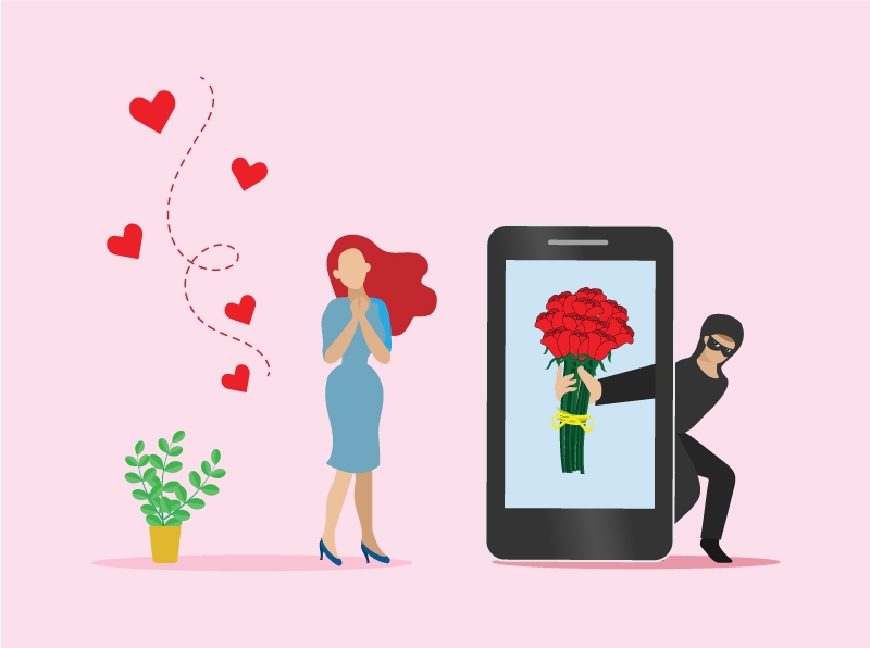 Woman with hearts swirling around her next to phone with burglar holding flowers