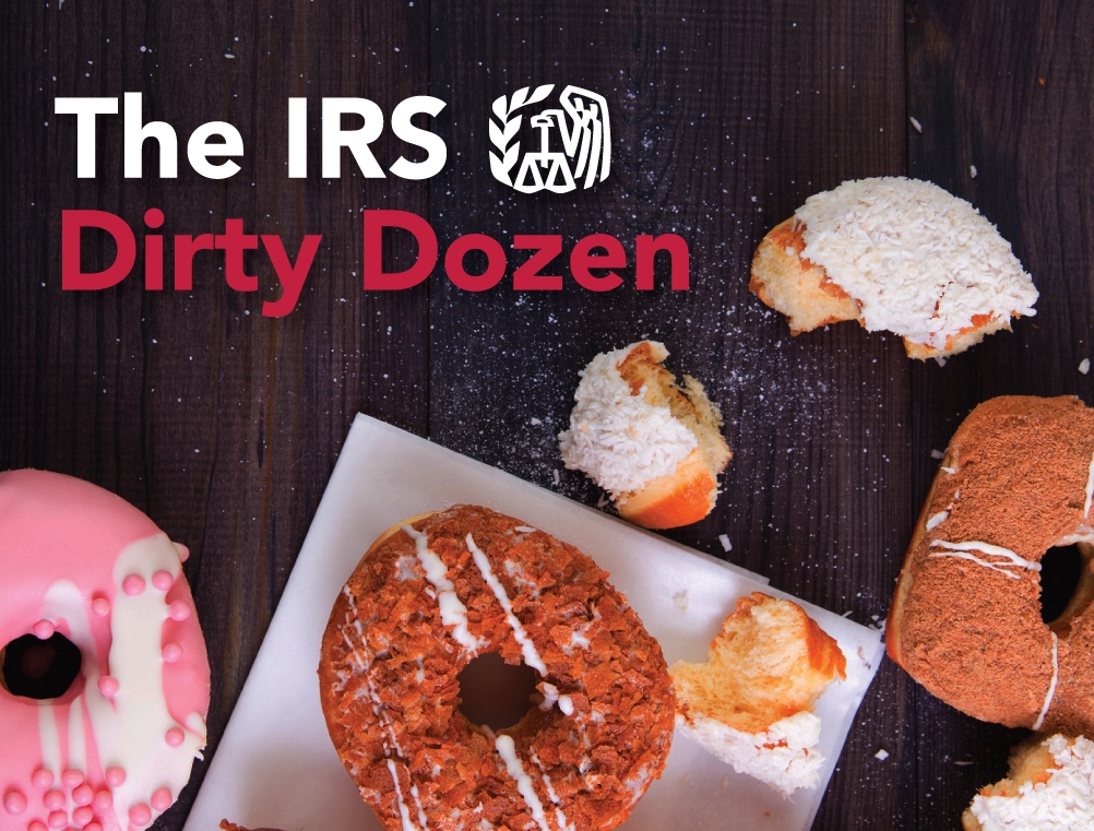 The IRS Dirty Dozen with donuts spread on table