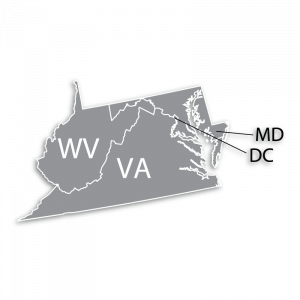 Gray graphic map of West Virginia, Virginia, Washington DC, and Maryland
