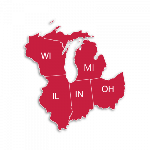 red graphic map of Wisconsin, Illinois, Indiana, Michigan, and Ohio
