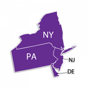 Purple graphic map of New York, Pennsylvania, New Jersey, and Delaware