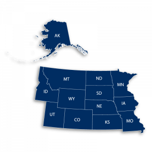 Blue graphic map of Alaska, Idaho, Utah, Montana, Wyoming, Colorado, North Dakota, South Dakota, Nebraska, Kansas, Minnesota, Iowa, and Missouri