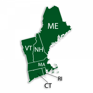 green graphic map of Vermont, New Hampshire, Maine, Massachusetts, Connecticut, and Rhode Island