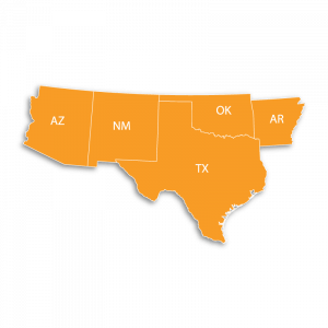 Orange graphic map of Arizona, New Mexico, Texas, Oklahoma, and Arkansas