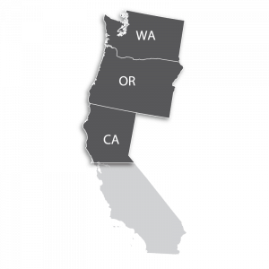 Gray graphic map of Washington, Oregon, and Northern California