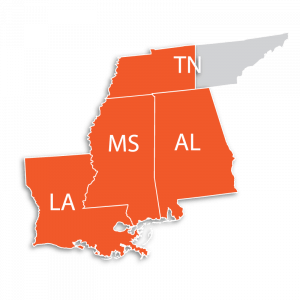 Orange graphic map of West Tennessee, Louisiana, Mississippi, Alabama