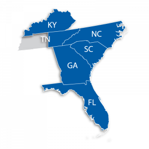 Blue graphic map od Kentucky, east Tennessee, North Carolina, South Carolina, Georgia, Florida