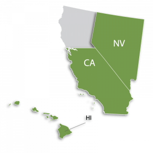 Green graphic map of Southern California, Hawaii, and Nevada