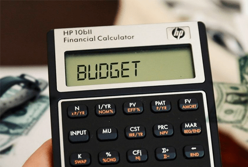 Calculator that says BUDGET on the screen