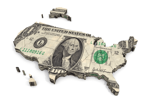 Map of the USA made out of a US $1 dollar bill