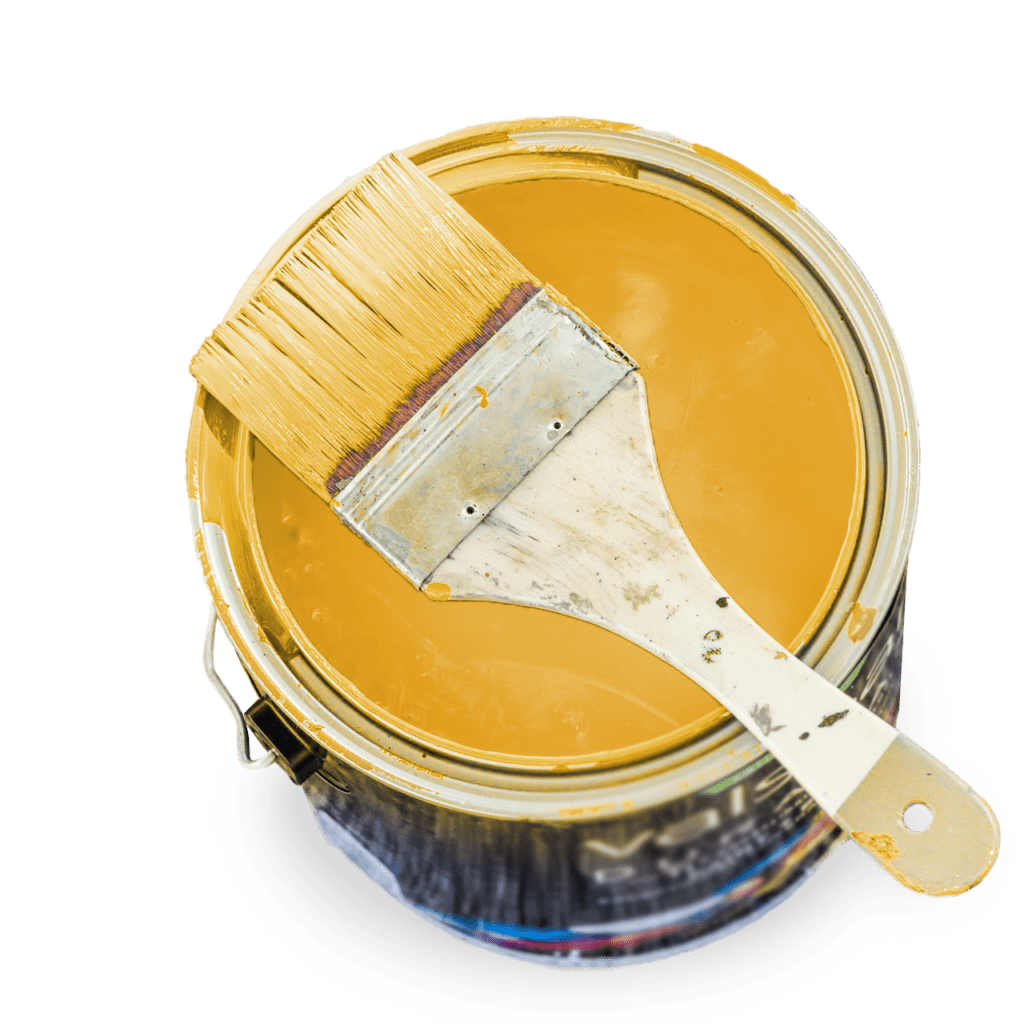 Yellow Paint Can with dipped paintbrush laying on can