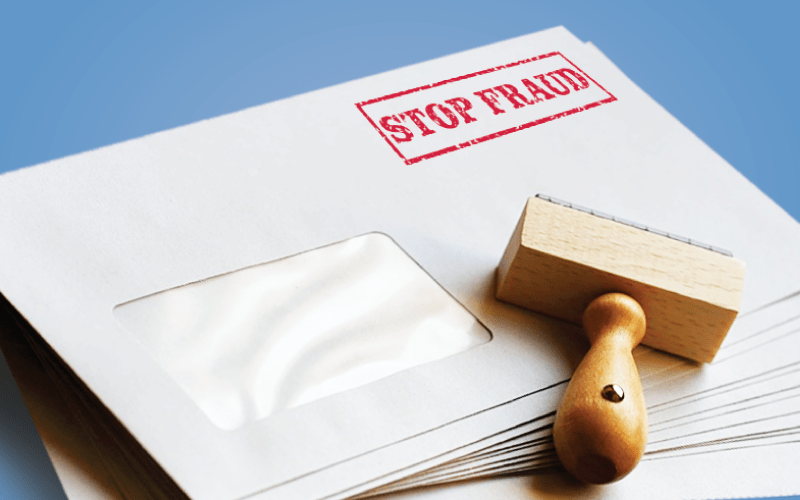 Envelope with stamp tool that reads stop fraud