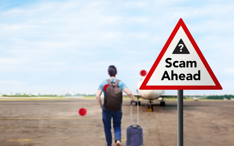 Man walking towards plane past sign that reads 'Scam Ahead?'