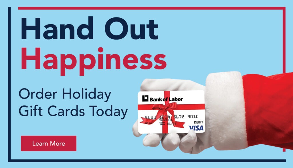 Santa hand holding a Bank of Labor gift card