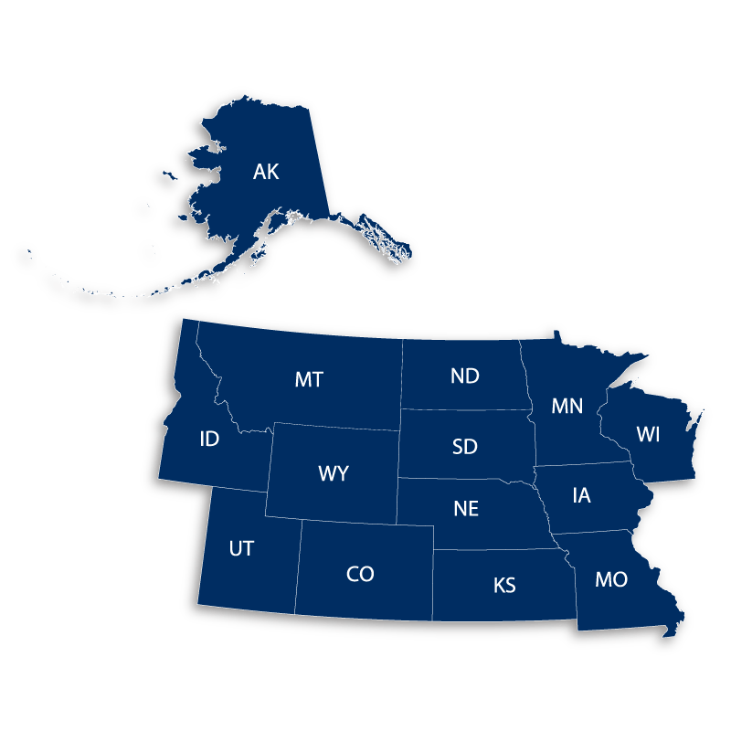 Blue graphic map of Alaska, Idaho, Utah, Montana, Wyoming, Colorado, North Dakota, South Dakota, Nebraska, Kansas, Minnesota, Iowa, Alaska and Missouri