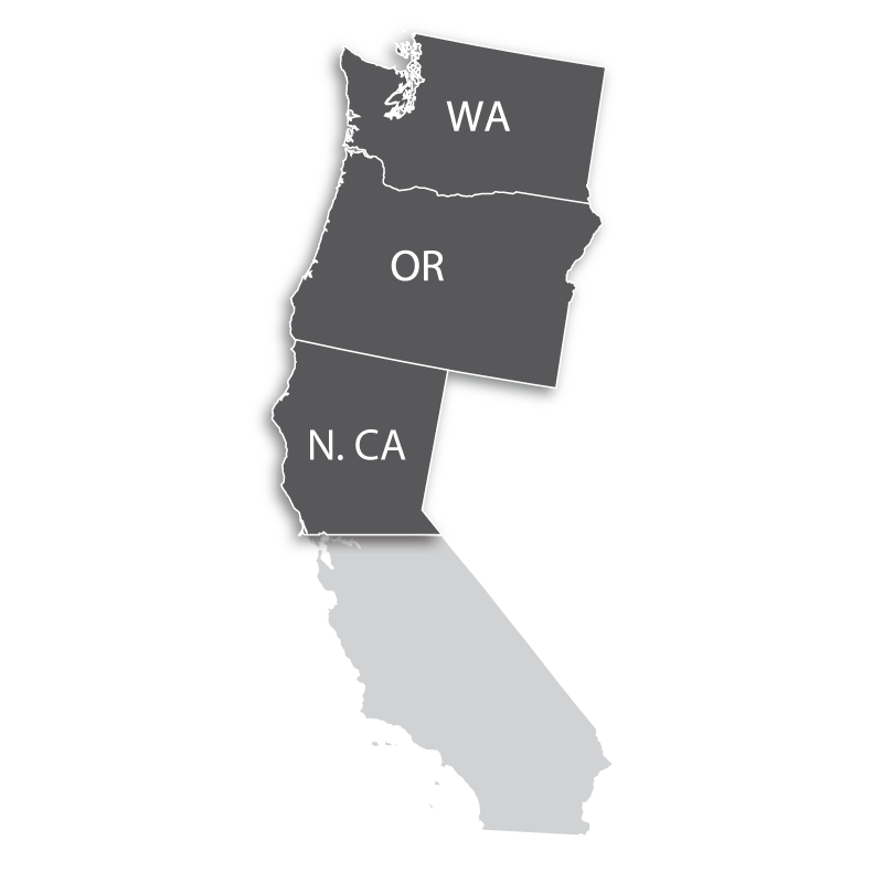 Gray graphic map of Washington, Oregon, and Northern California