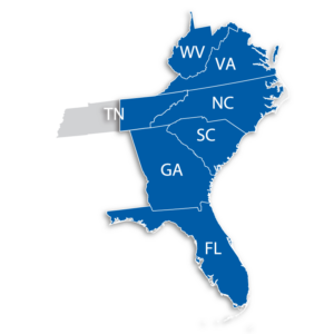 Territory Map of West Virginia, Virginia, North Carolina, South Carolina, Florida and eastern Tennessee highlighted in blue