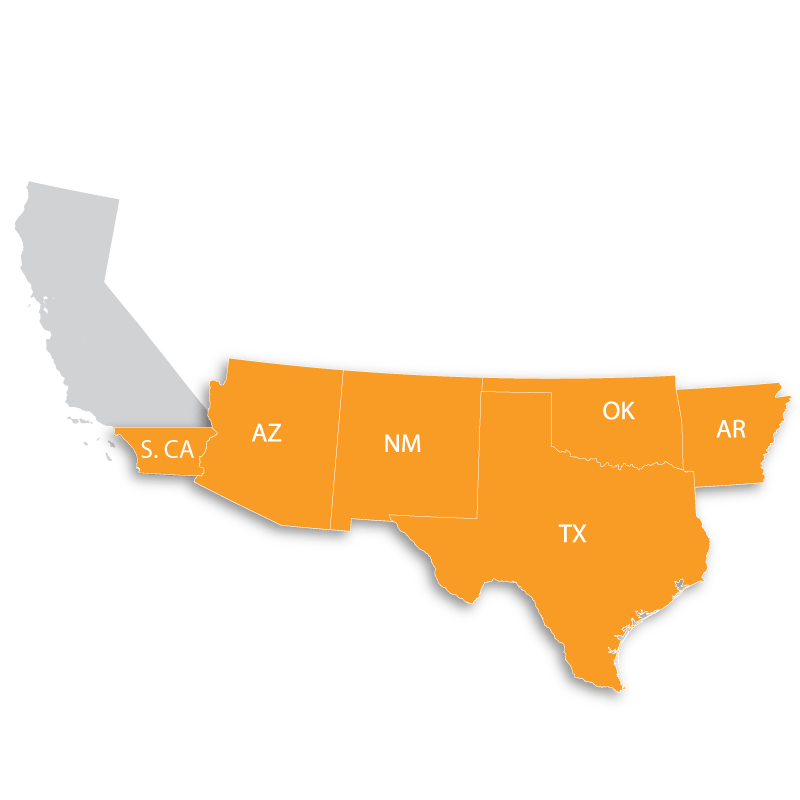 Orange graphic map of Arizona, New Mexico, Texas, Oklahoma, Southern California and Arkansas