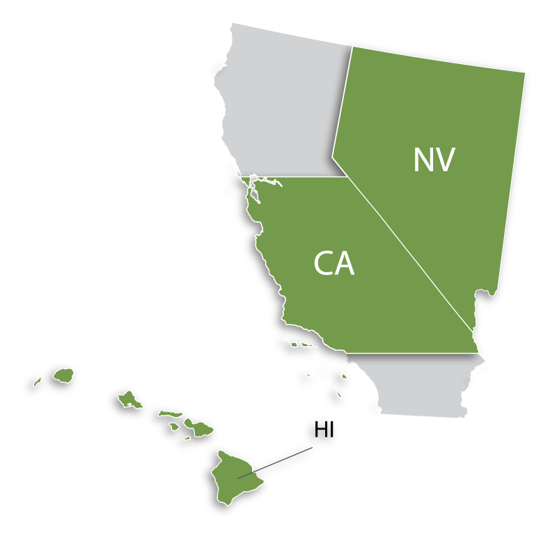 Green graphic map of Central California, Hawaii, and Nevada