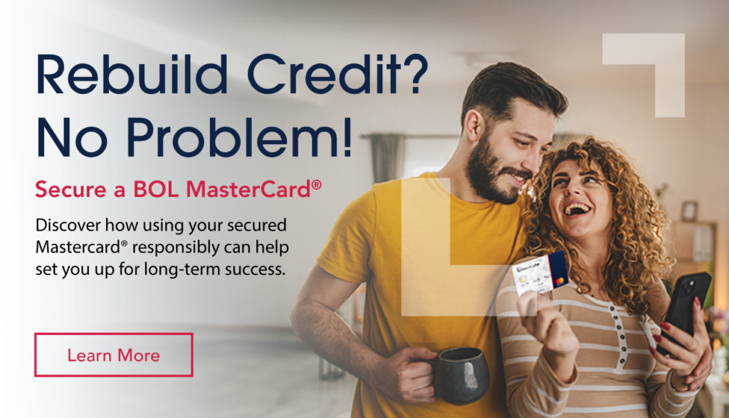 Couple looking at bank secured credit card with relief with Learn more button