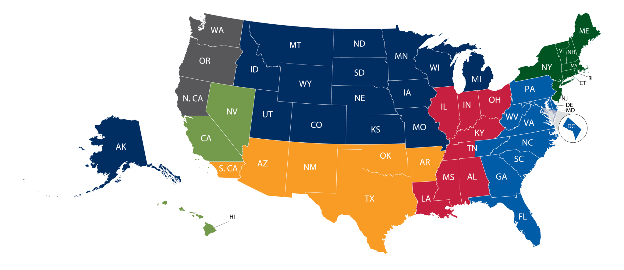 Territory map of USA divided into regional sections