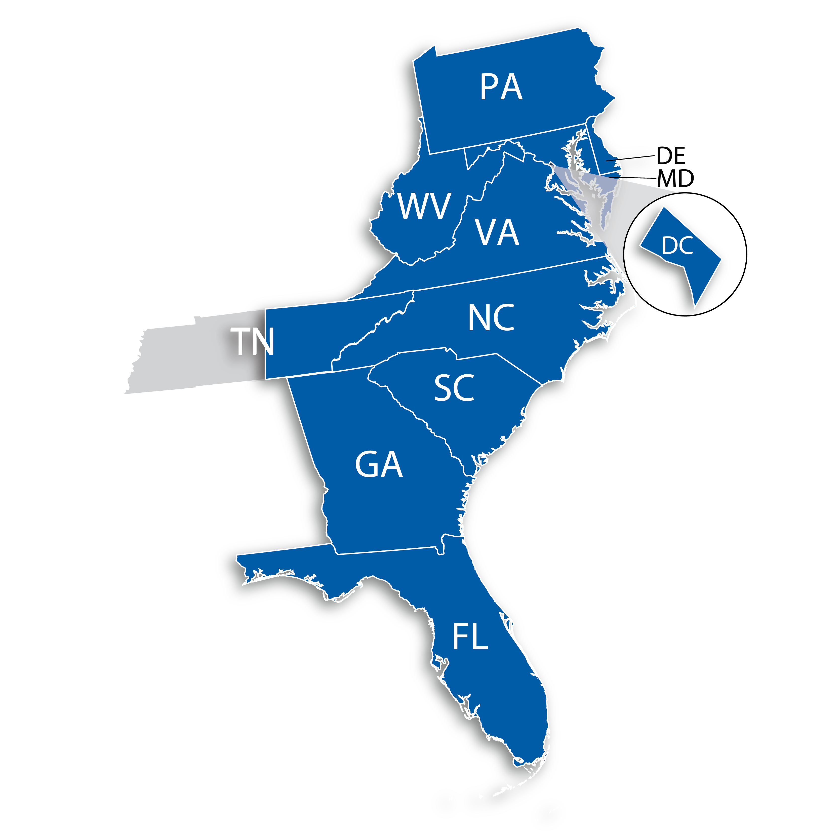 Territory Map of Pennsylvania, Delaware, Maryland, DC, West Virginia, Virginia, North Carolina, East Tennessee, South Carolina, Georgia, and Florida highlighted in blue