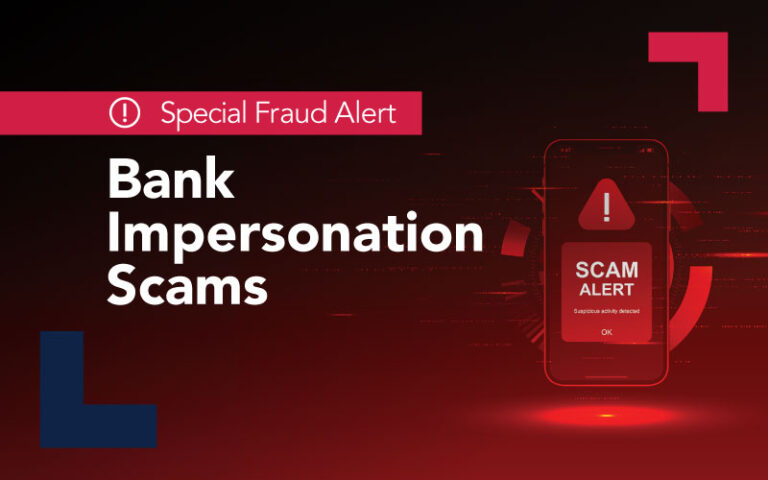 Graphic with the title Bank Impersonation Scams and a phone screen showing a red scam alert warning