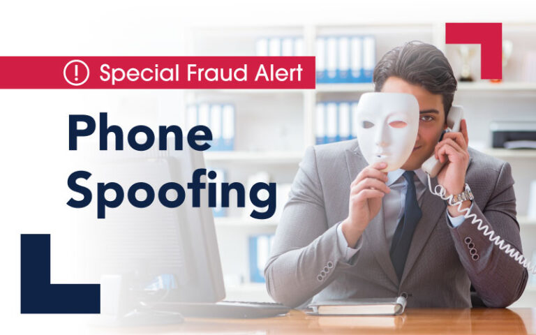 Special Fraud Alert - phone Spoofing Man with phony mask on a landline phone